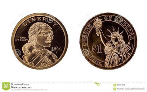 Us One Dollar Coin Sacagawea And Statue Of Liberty Stock Photo