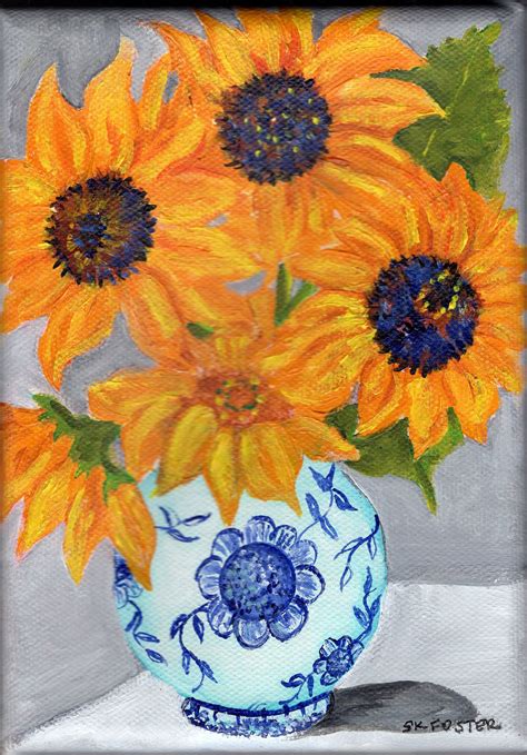 Sunflowers Painting Blue And White Oriental Vase Original Etsy