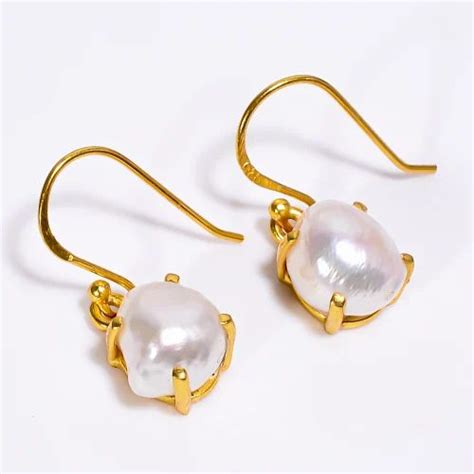 Lavie Jewelz Women Sterling Silver Gold Plated Drop Baroque Pearl Gemstone Earrings