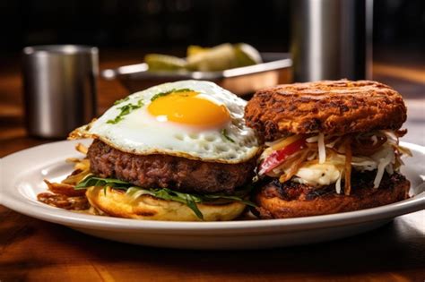 Premium Ai Image Breakfast Burger With Fried Egg And Hash Brown