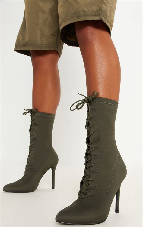 Khaki Lycra Lace Up Sock Boot Shoes Prettylittlething Ca
