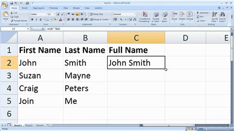 Excel Join Two Text Fields First Name And Last Name Youtube