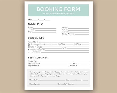 Photography Forms Client Booking Form For Photographer Form Etsy