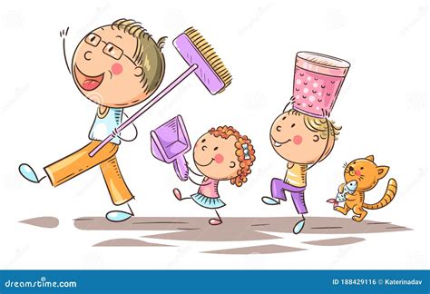 Happy Father And Kids Doing Housework Children Helping Parents Stock