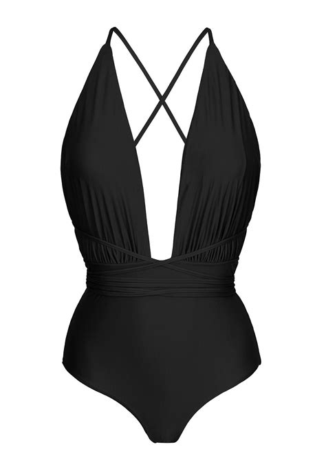 Black Plunging One Piece Swimsuit With Slim Back Crossed Straps New