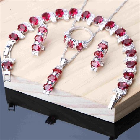 Rose Red Jewelry Sets Women Cubic Zirconia Silver Jewelry Bamboo