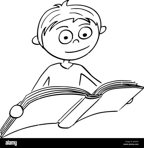 Hand Drawing Cartoon Vector Illustration Of Boy Reading A Book Stock