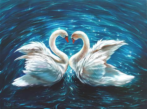 Pair Of Swans Painting Art With Birds White Swins T For Etsy