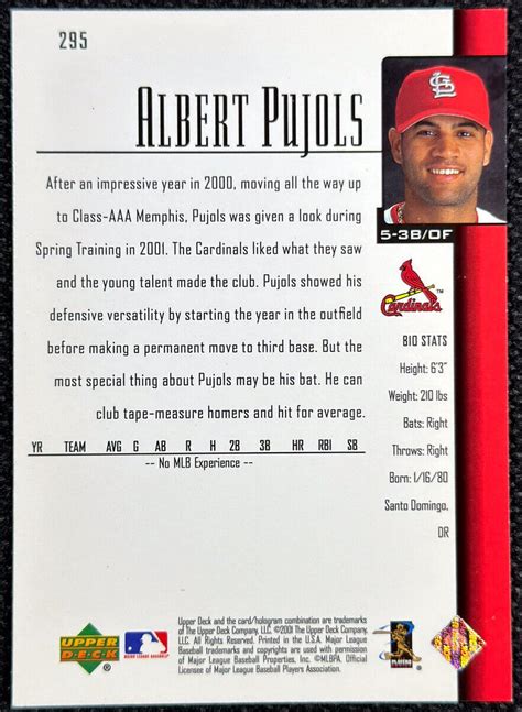 2001 Upper Deck 295 Albert Pujols Rc Rookie St Louis Cardinals