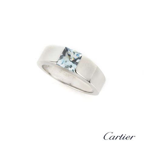 Cartier 18k White Gold Aquamarine Tank Ring Rich Diamonds