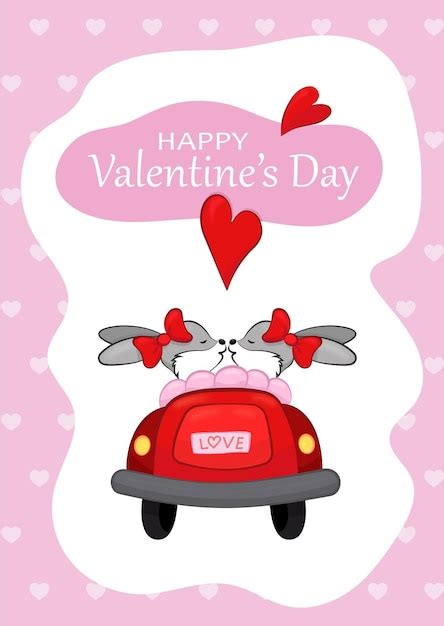 Premium Vector Happy Valentine Day Card Kissing Hares Riding A Car