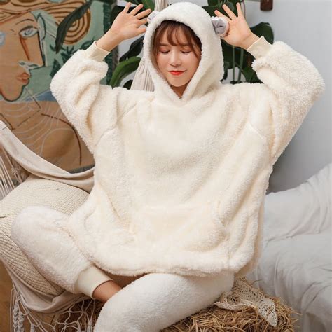 2 Pcs Winter Women Pajamas Sets Sleepwear Long Sleeves Warm Pajama