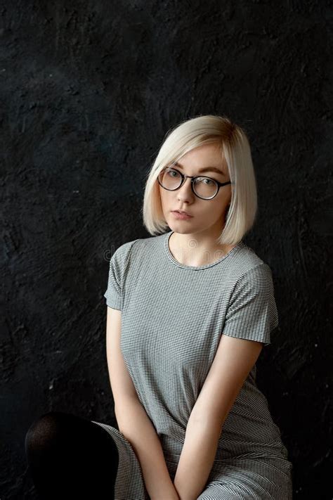 Model Blonde With Short Hair Wearing Glasses Stock Image Image Of