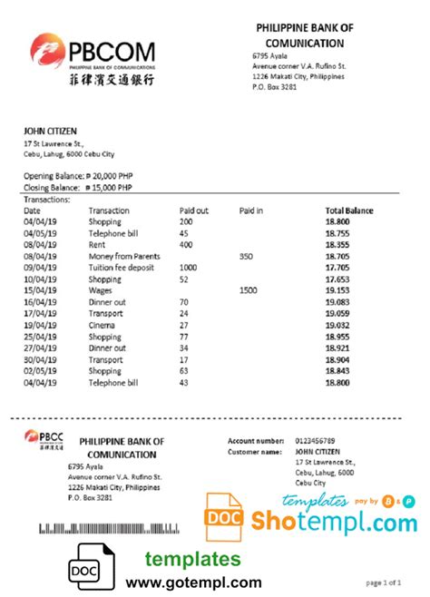 philippine bank of communications proof of address bank statement template in word format