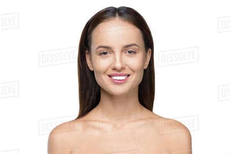 Portrait Of Beautiful Naked Babe Woman Smiling At Camera Isolated On White Stock Photo Dissolve