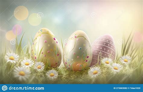 Three Decorated Easter Eggs Sitting In A Field Of Daisies And Daisies