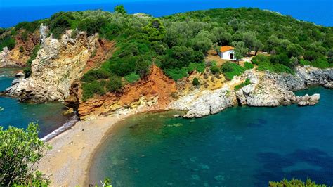 Download Wallpaper 1600x900 Greece Laguna Naxos House Sea Stones