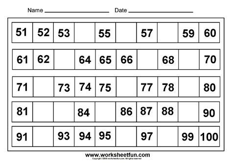 Missing Numbers -( 51 to 100 )- 8 Worksheets / FREE Printable