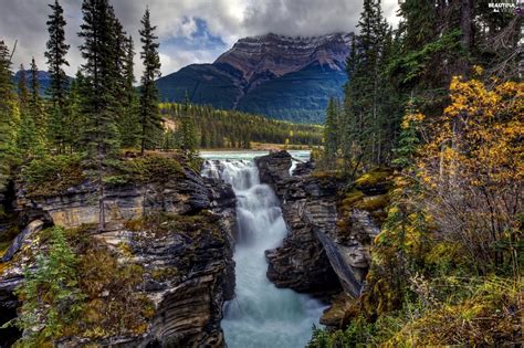 Viewes Waterfall Rocks Trees Mountains Beautiful Views Wallpapers