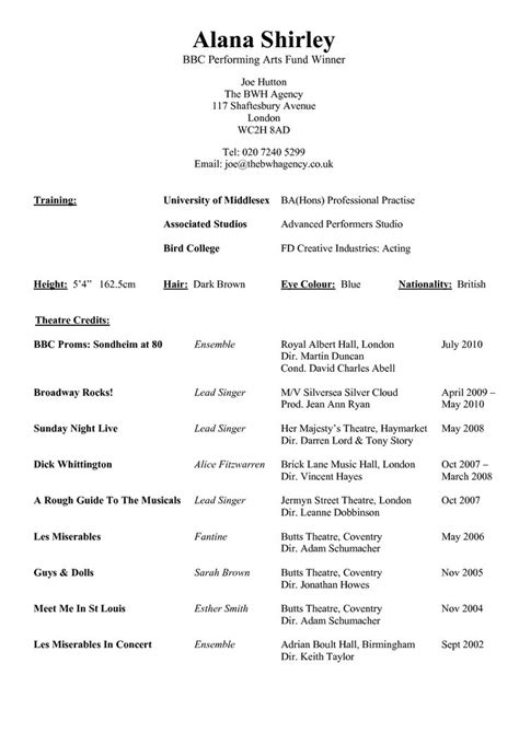resume template   performing arts  theatre