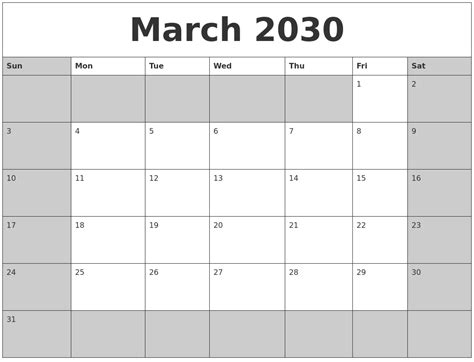 March 2030 Calanders