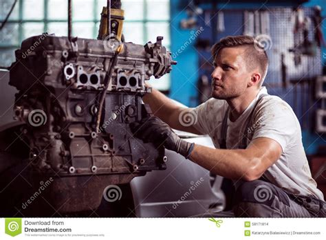 Car Technician Maintaining Automotive Engine Stock Photo Image Of