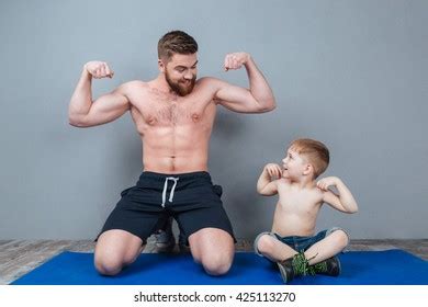 Smiling Shirtless Dad Son Sitting On Stock Photo Shutterstock