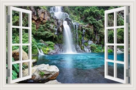 3d Effect Window View Wall Stickers Mountain Waterfall Frame Vinyl