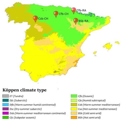 Köppen Climate Types In Spain And The Location Of The Four Farms In The