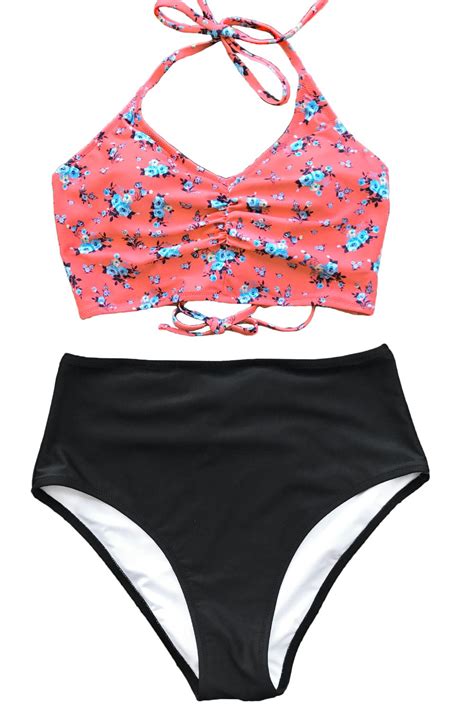 Cupshe Womens Bikini Swimsuit Floral Print Halter Lace Up Two Piece