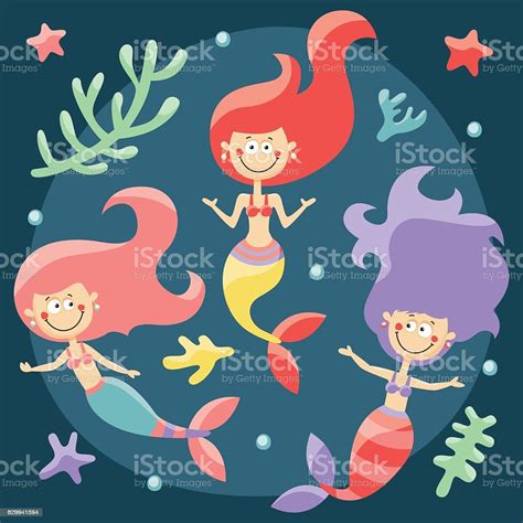Mermaids And Seaweed Bubble Starfish Wild Marine Stock Illustration