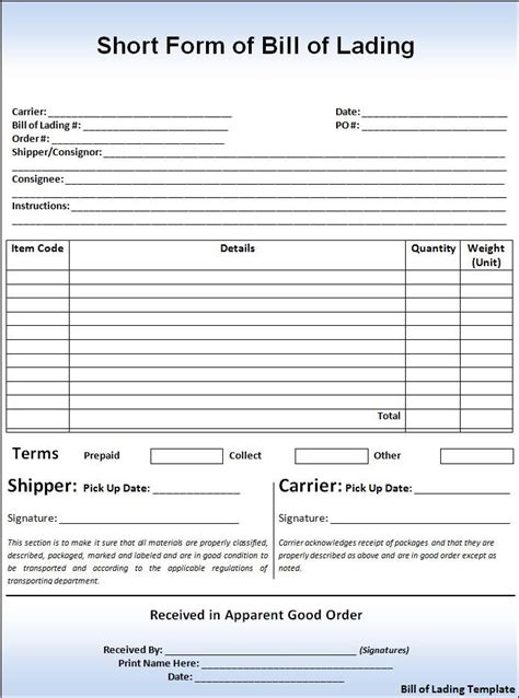 printable sample bill  lading template form sample