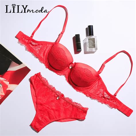 lilymoda women red bra set sexy thongs lingerie lace pearl decoration bra and panties seamless