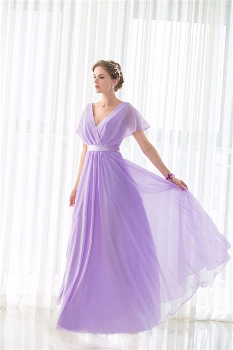 Lilac Short Sleeves V Neck Floor Length Chiffon Bridesmaid Dress