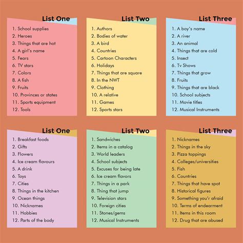 5 Best Images of Scattergories Lists 1-12 Printable - Printable Scattergories Lists 1, Printable ...
