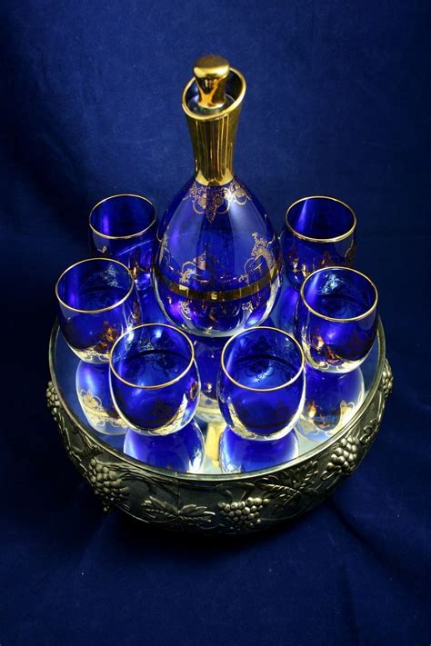 Venetian Glass Cobalt Blue And Gold Gilt Decanter Set From Dejavuantiques On Ruby Lane