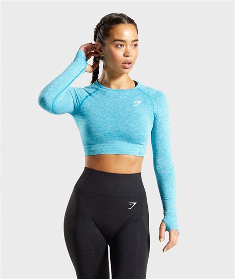 gymshark vital seamless long sleeve crop top blue marl in 2020 long sleeve crop top