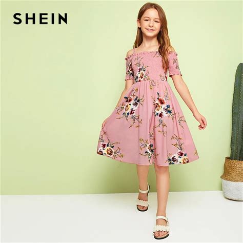 Shein Kiddie Pink Cold Shoulder Floral Print Girls Boho Dress Kids 2019