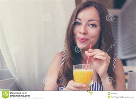 Model Enjoying Tasty Orange Juice Stock Image Image Of Diet Good