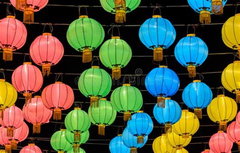 Colorful Chinese Lantern Illuminated At Night Stock Photo Image Of