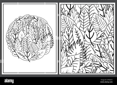 Coloring pages set with doodle leaves. Floral ornament for coloring
