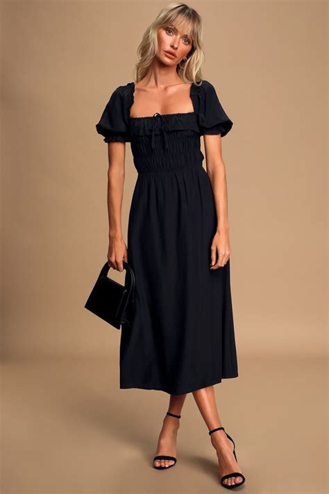Cute Black Midi Dress Puff Sleeve Dress Smocked Dress Dress Lulus