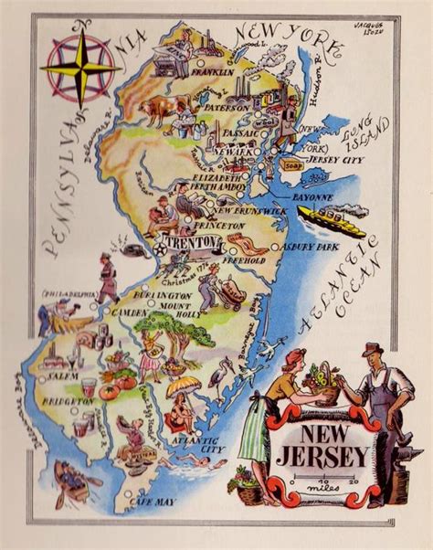 Whimsical New Jersey Map Of New Jersey Mining Farming Animals