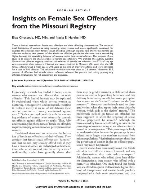 Pdf Insights On Female Sex Offenders From The Missouri Registry