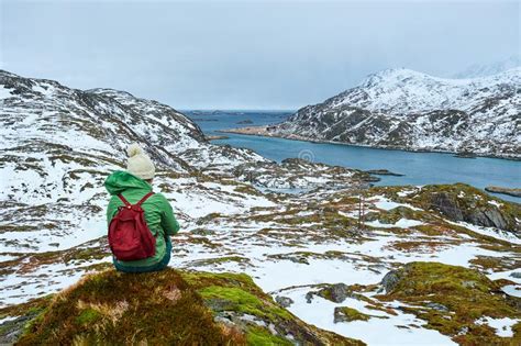 Woman Tourist On Lofoten Islands Norway Stock Image Image Of Fjord