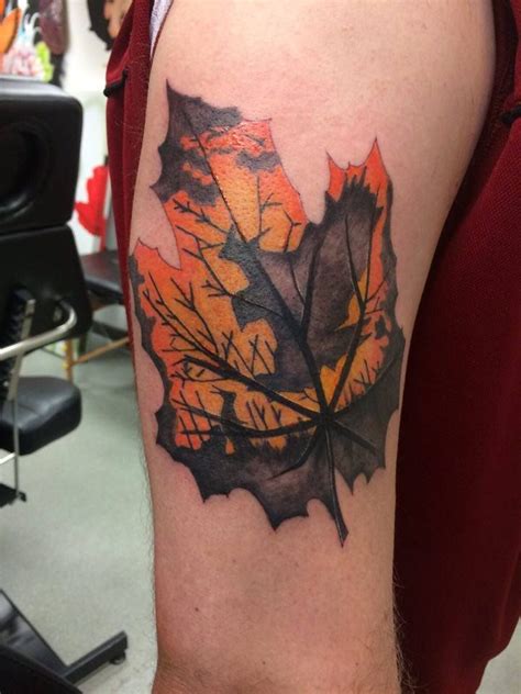 Silhouette Maple Leaf Tattoo Sleeve Work Colourful Autumn Leaf