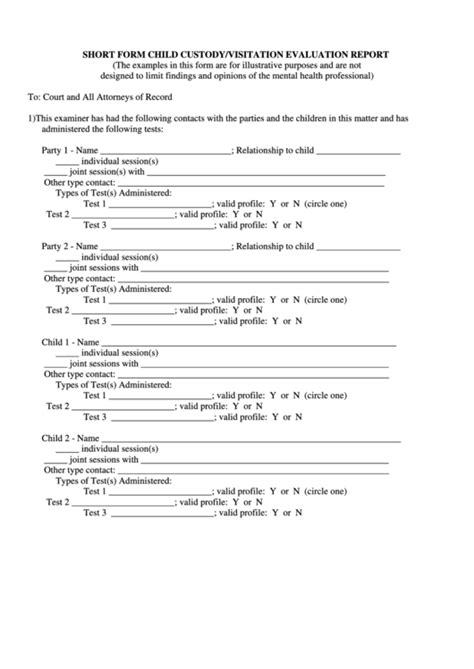 Short Form Child Custodyvisitation Evaluation Report Printable Pdf
