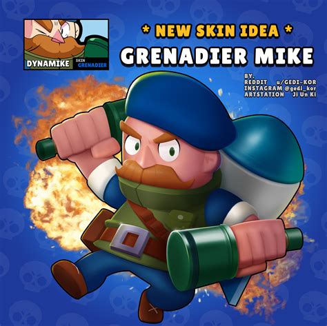 Official stated names are shown in orange and names that apt to the skins (no official name stated) to it will be shown in blue. SKIN IDEA Grenadier Mike : Brawlstars