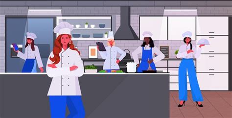 Premium Vector Mix Race Female Cooks In Uniform Women Chefs Cooking Together Food Industry