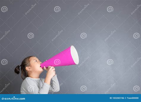 Kid Shouting Through Pink Paper Megaphone Stock Photo Image Of Idea